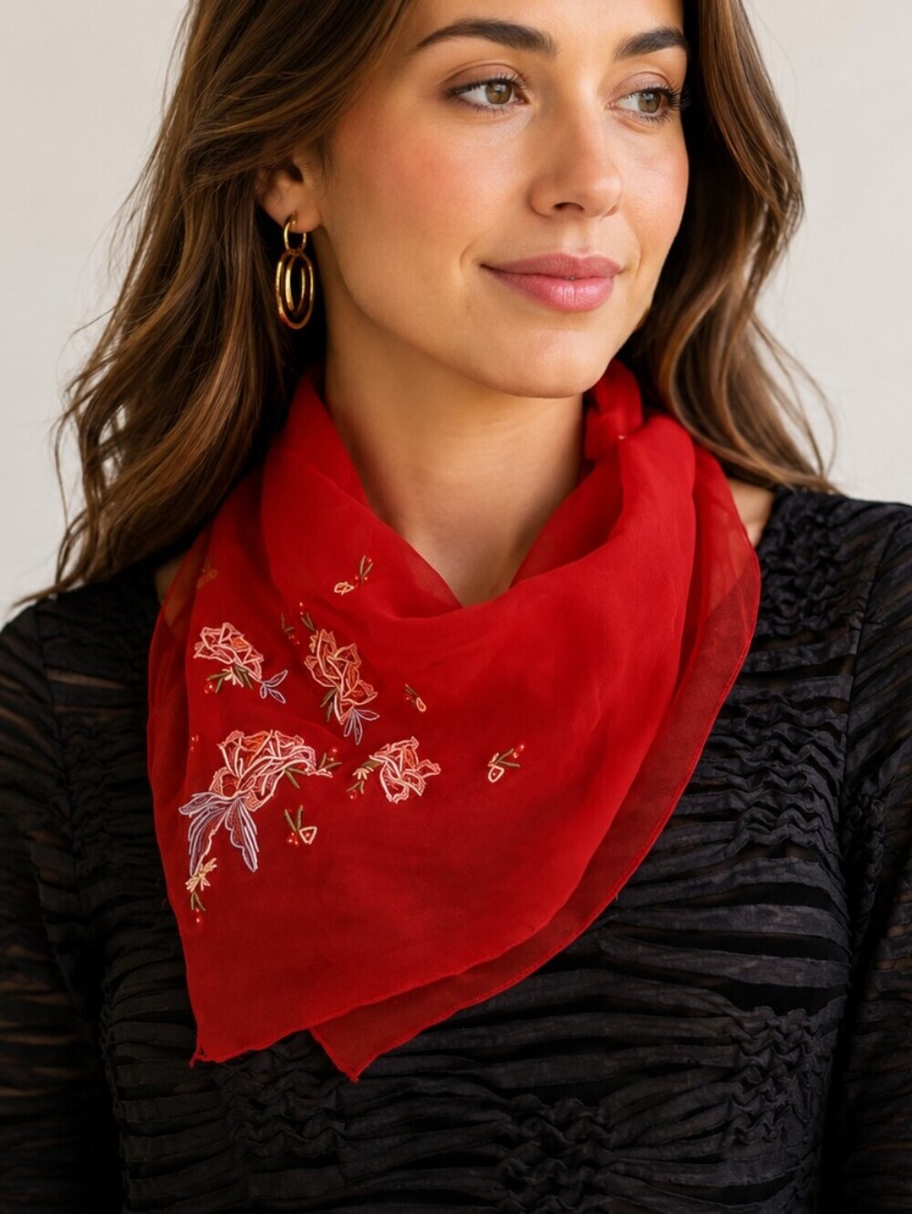 VINTAGE Fairycore Red Chiffon Rose Embroidered Mantilla Veil Scarf Neckerchief